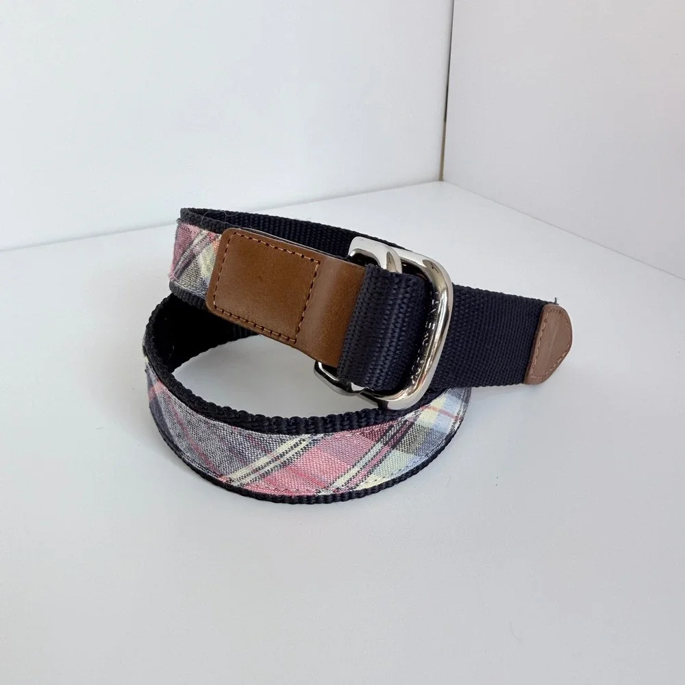 Janie and Jack Boys Blue Pink Plaid Webbed‎ Belt Leather Trim Size 4-5 Preppy